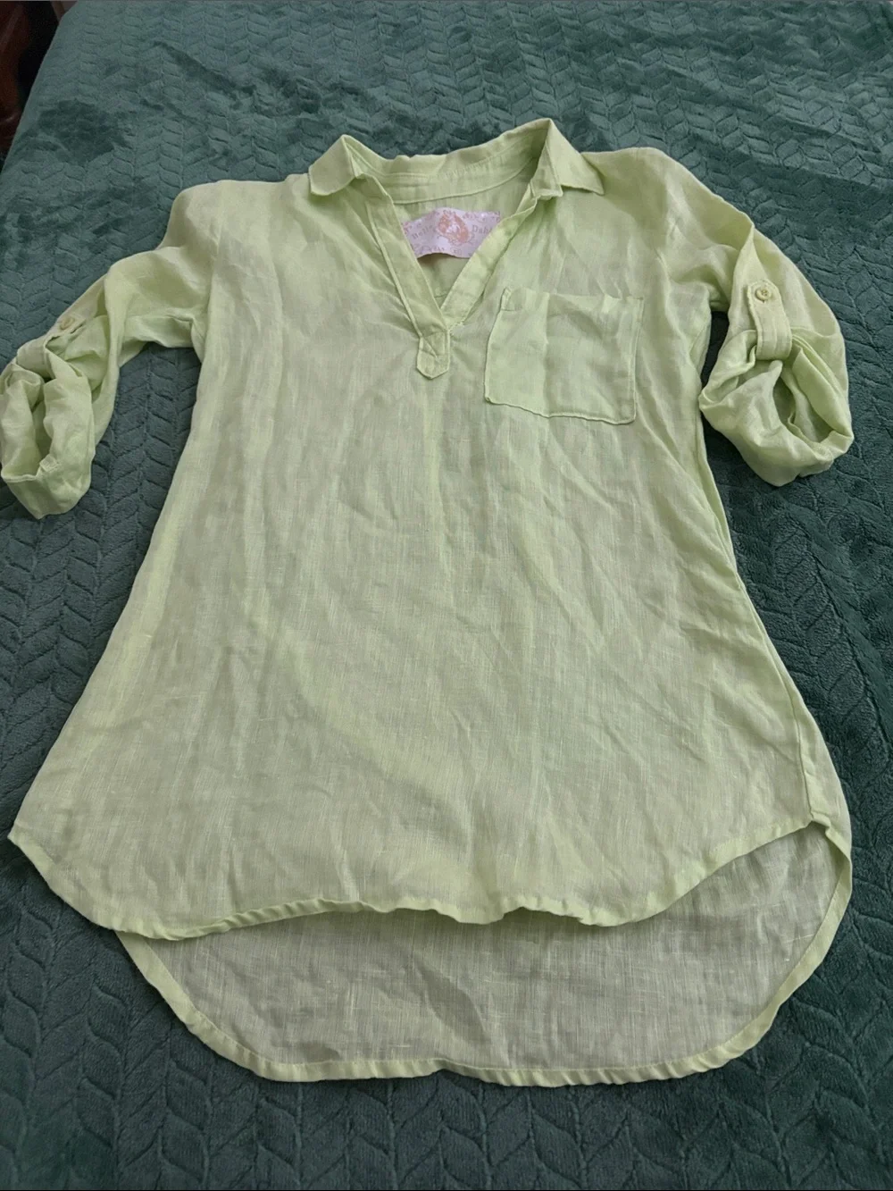 Bella Dahl 100% Linen Pastel Green Shirt 3/4 Roll Tab Sleeves Tunic XS